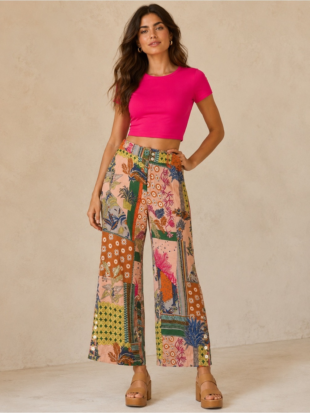 Shana Patchwork Print Wide-Leg Cropped Pants in Multi